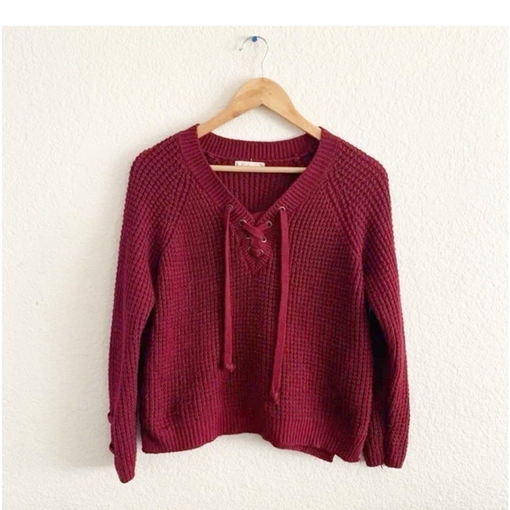 It's Our Time Red V-Neck Sweater with Lace-Up Detail